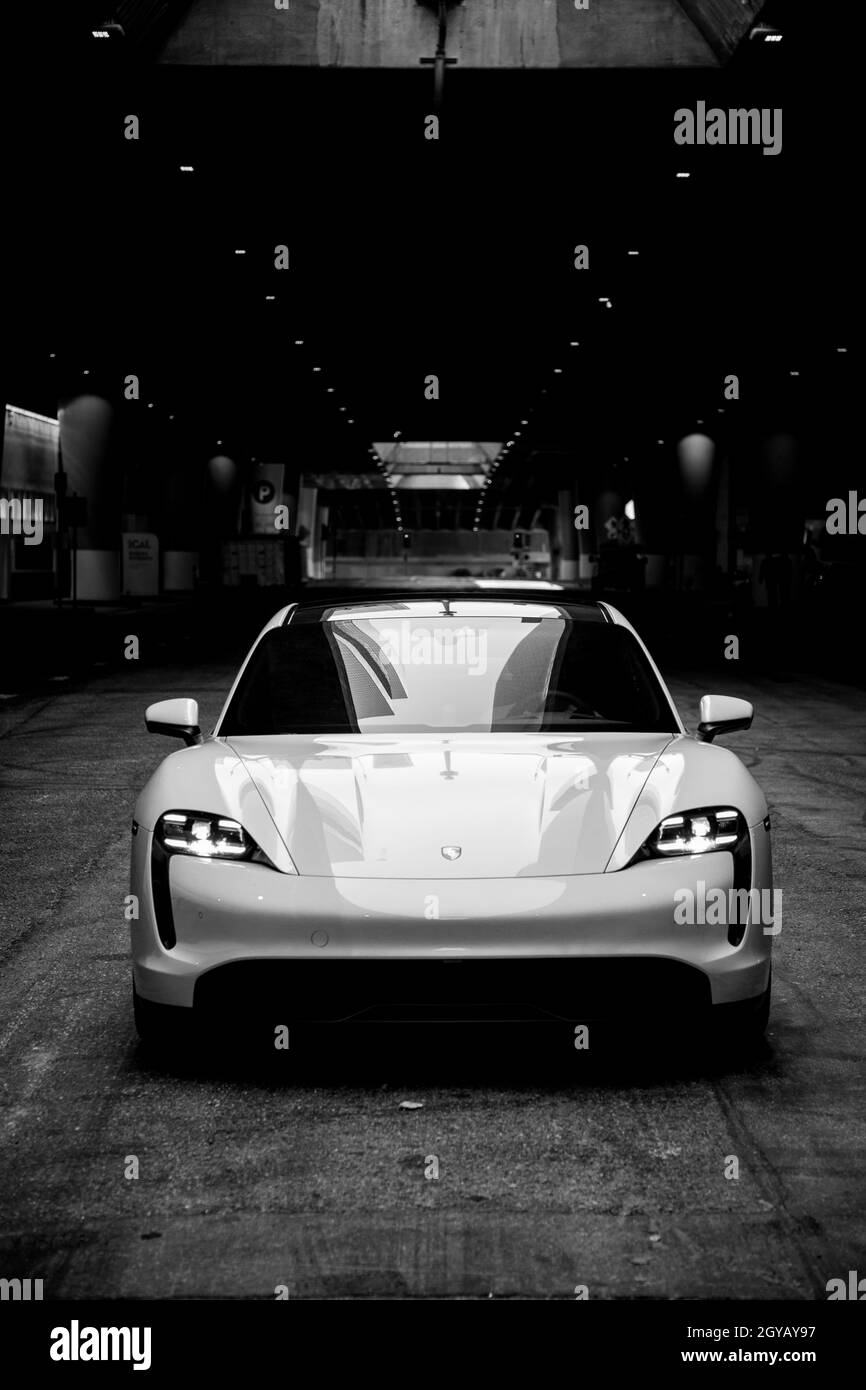Porsche Taycan, Black and White Photo Stock Photo