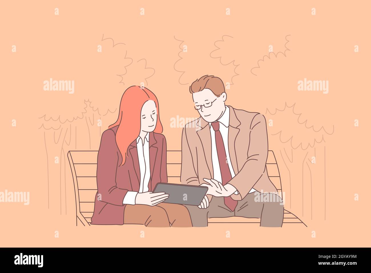 Business, teamwork, proposal concept. Young contented man,woman met to negotiate or consider new ideas. Successful Businessmen, Businesswomen, colleag Stock Photo