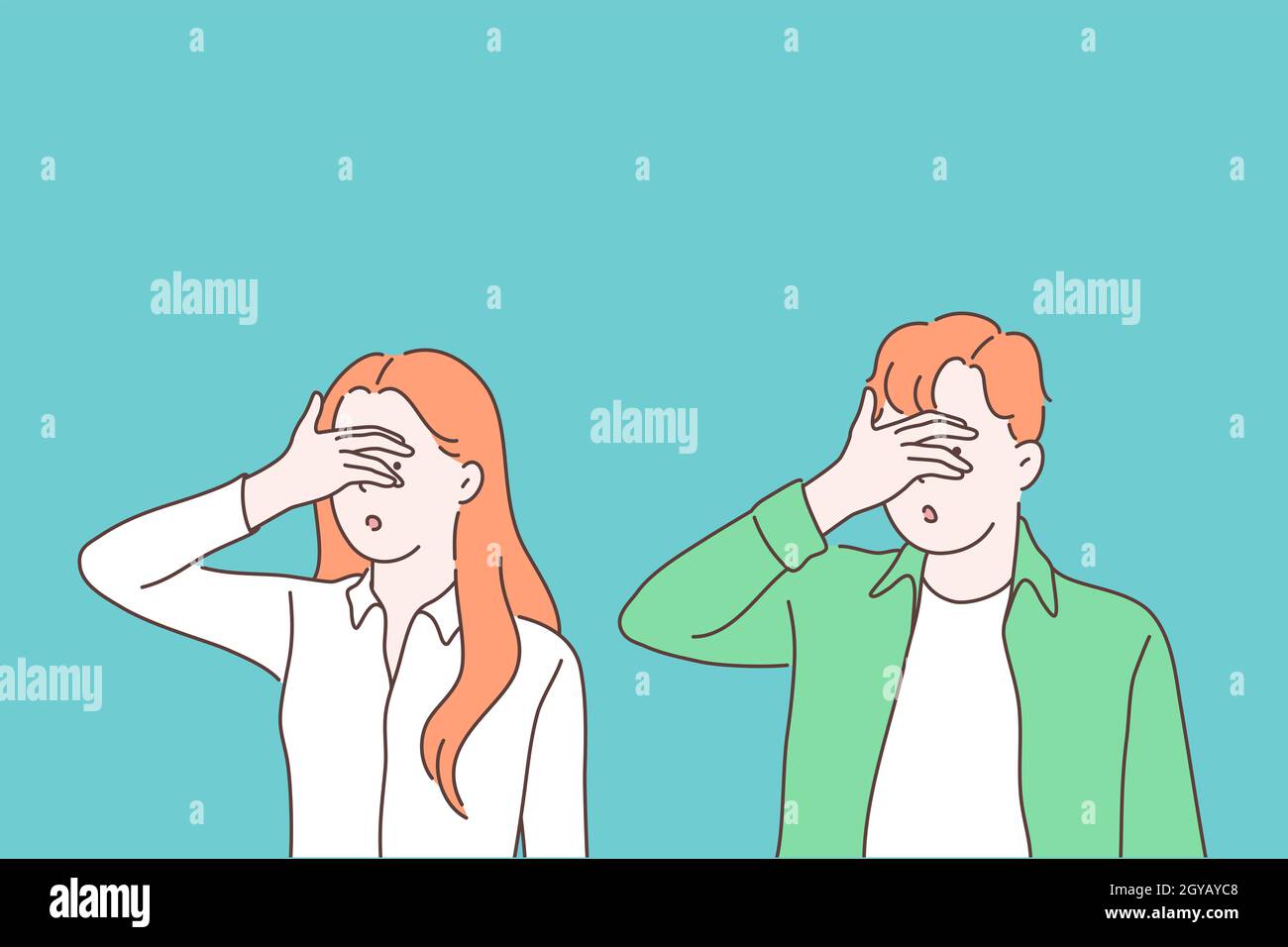 Turning blind eye cartoon concept. Woman and man closing eyes with palm gesture, looking through fingers, people refusing to watch, peeking, avoiding Stock Photo