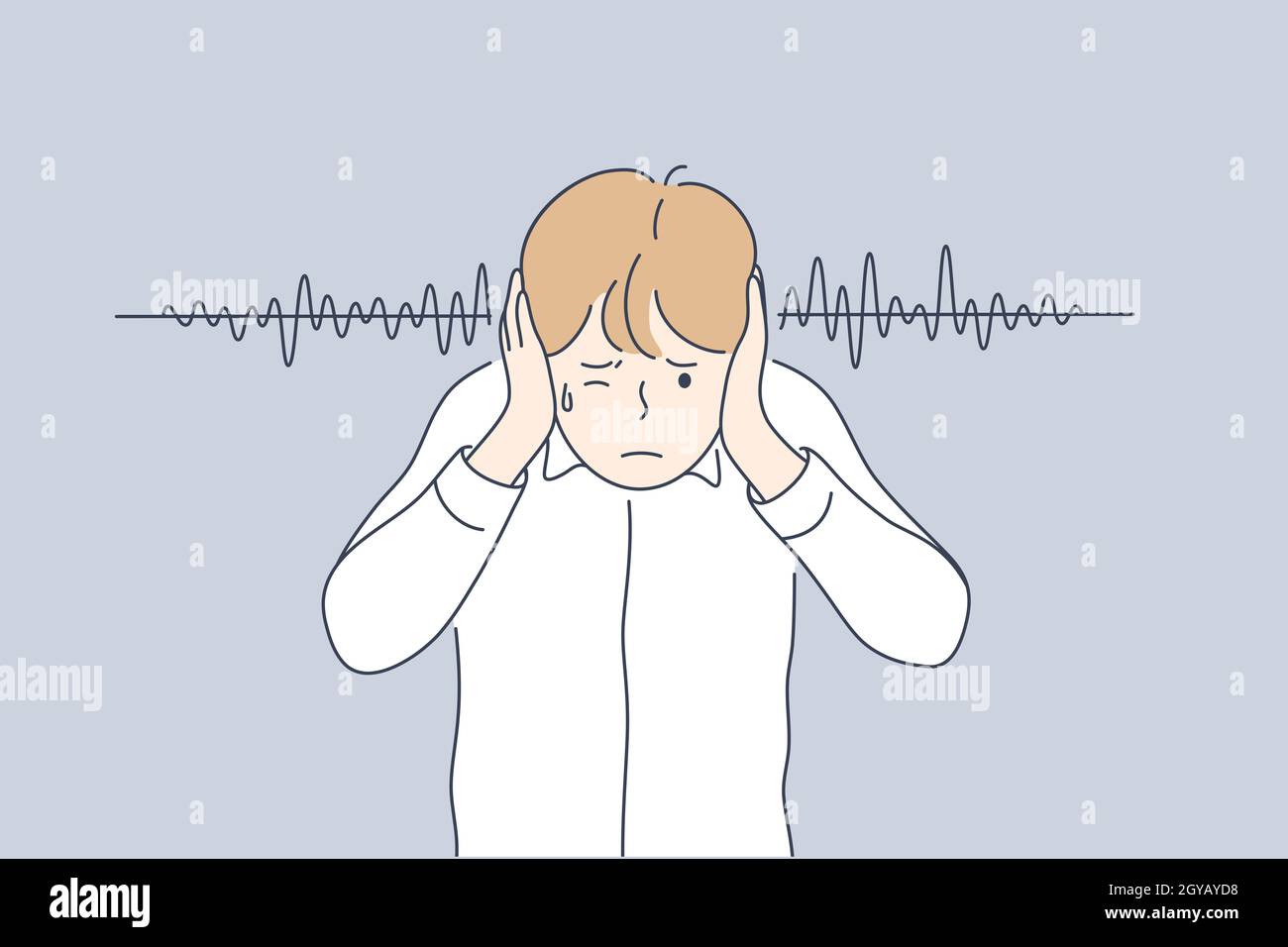 Noise, stress, protection concept Young frustrated depressed stressful boy kid child cartoon character plugged ears with hands from lound noisy sound Stock Photo