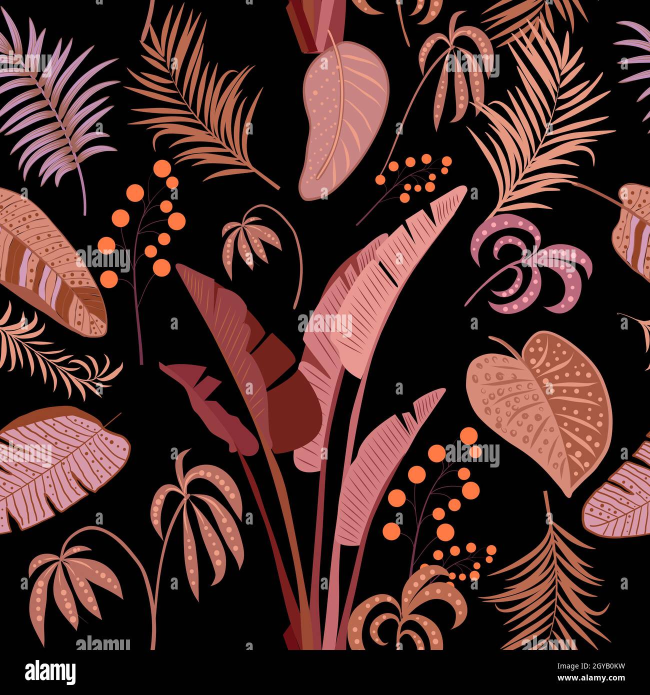 Tropical vector seamless pattern with leaves of palm tree and flowers ...