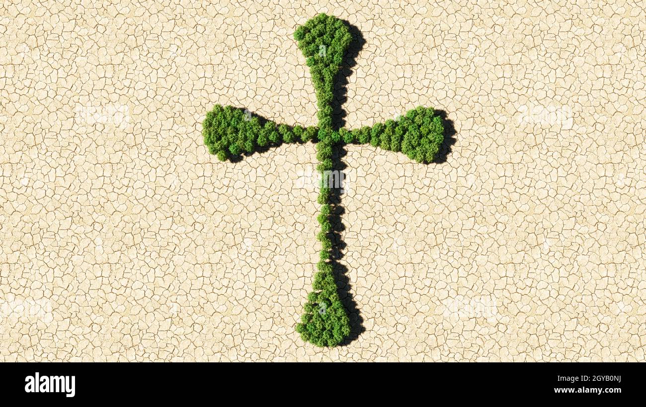Concept or conceptual group of green forest tree on dry ground background as sign of religious christian cross. A 3d illustration metaphor for God Stock Photo