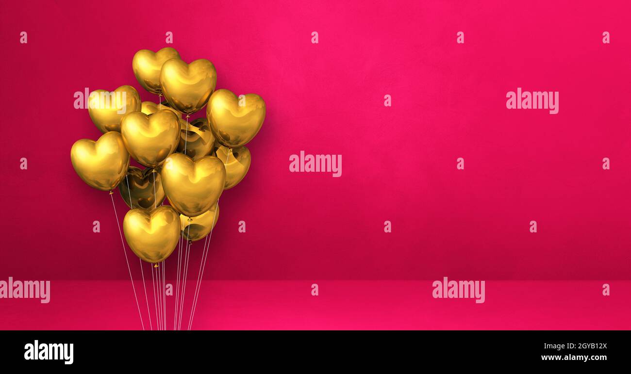 Gold heart shape balloons bunch on a pink wall background. Horizontal ...