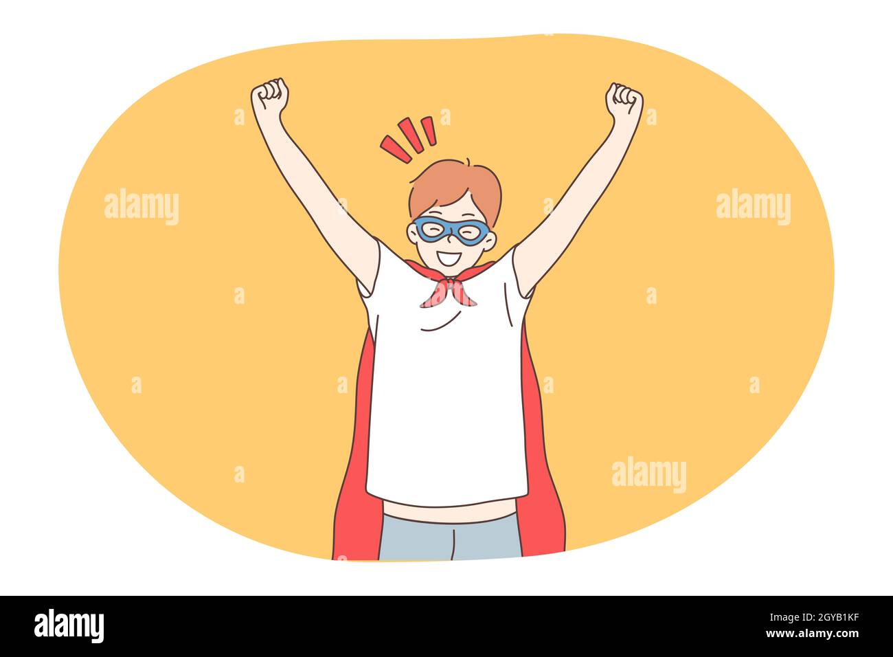 Superhero, superman, power concept. Young smiling boy child in red superman costume mantle and mask imagining power and leadership. Fantasy, imaginati Stock Photo