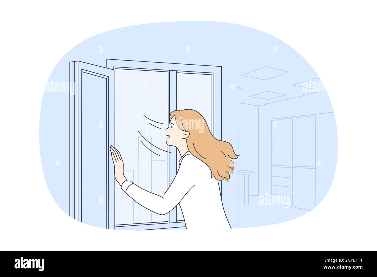 Fresh air, ventilation, wind concept. Young smiling woman cartoon ...