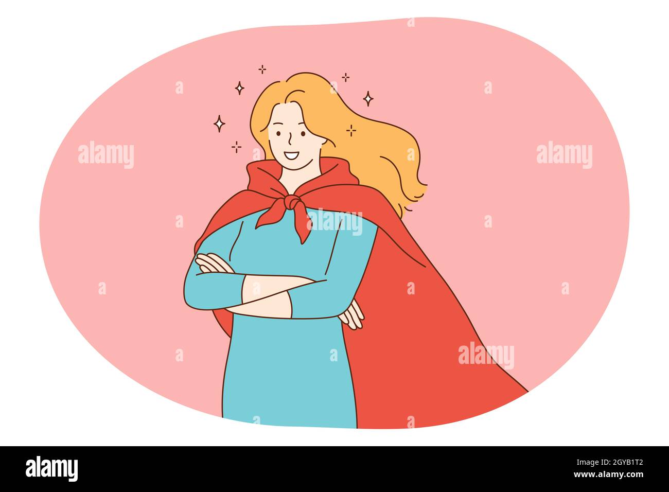 Superhero, superman, power concept. Young smiling woman in red superman costume mantle standing imagining superpower and strength. Fantasy, imaginatio Stock Photo