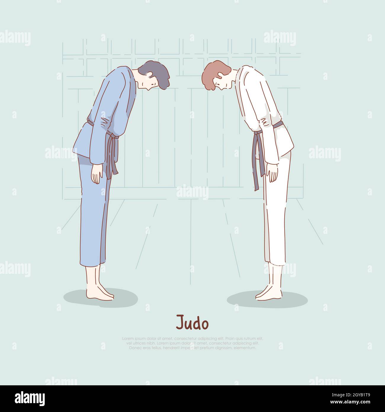 Judo school, fighters bow down, sparring start or end, self defence