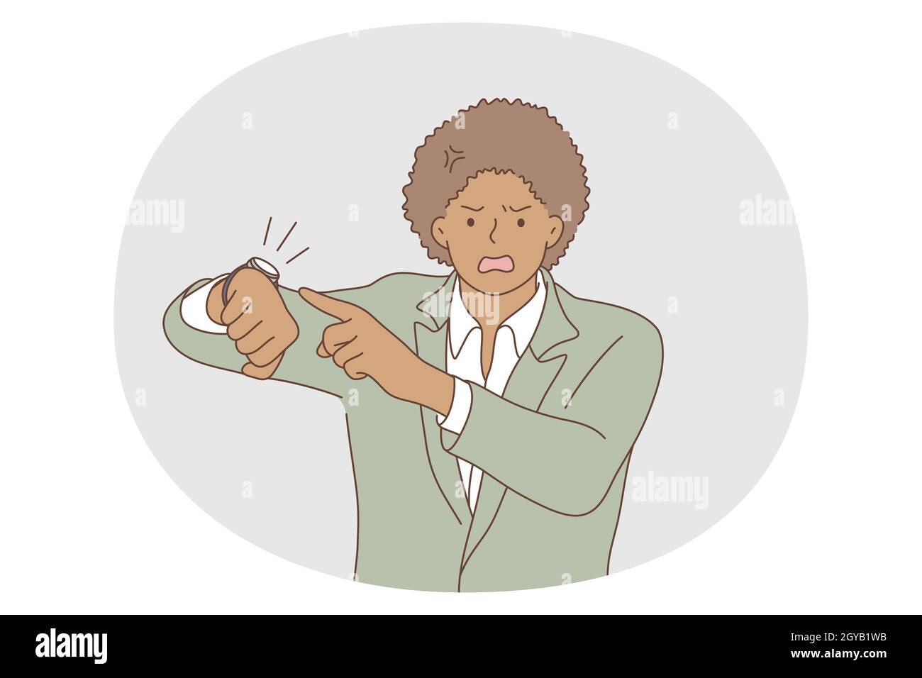 Time management, anger, deadline concept. Young angry black businessman office worker standing and pointing on watch on hand meaning late and rage of Stock Photo