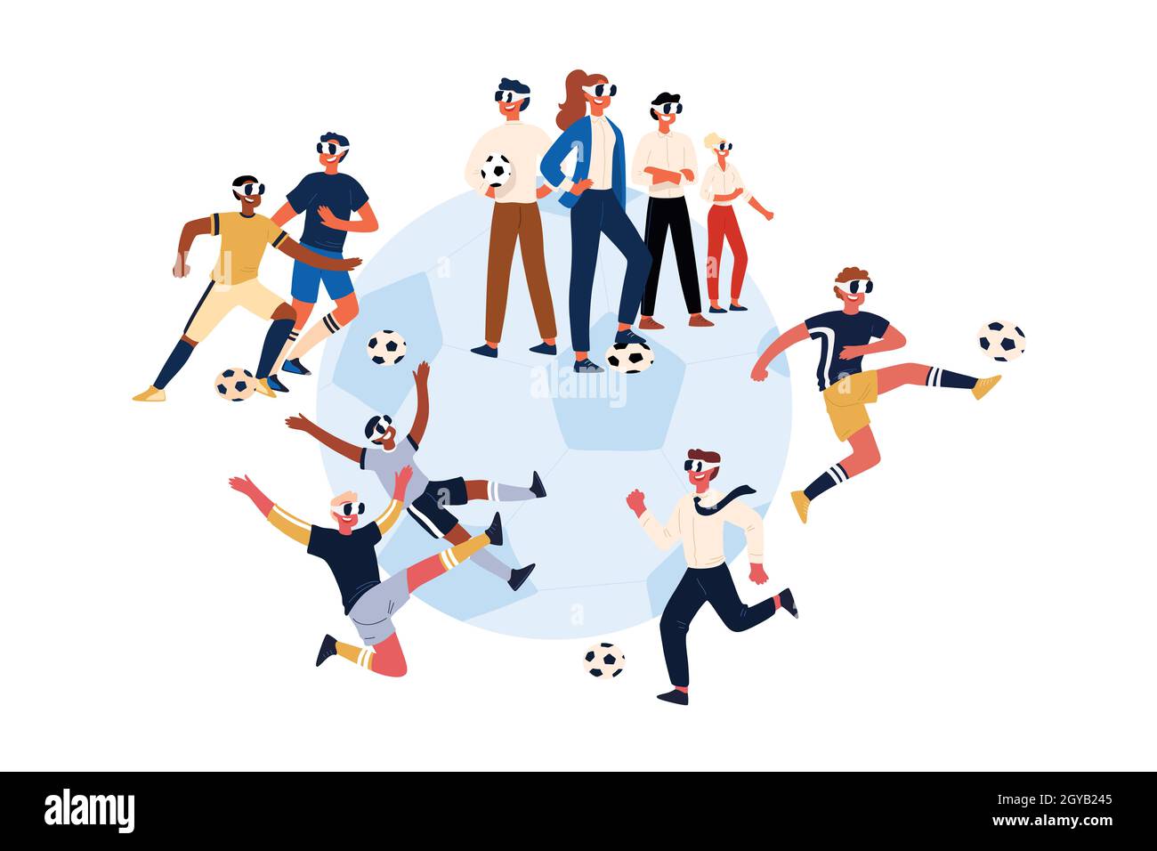 Soccer players wearing virtual reality headsets, male, female