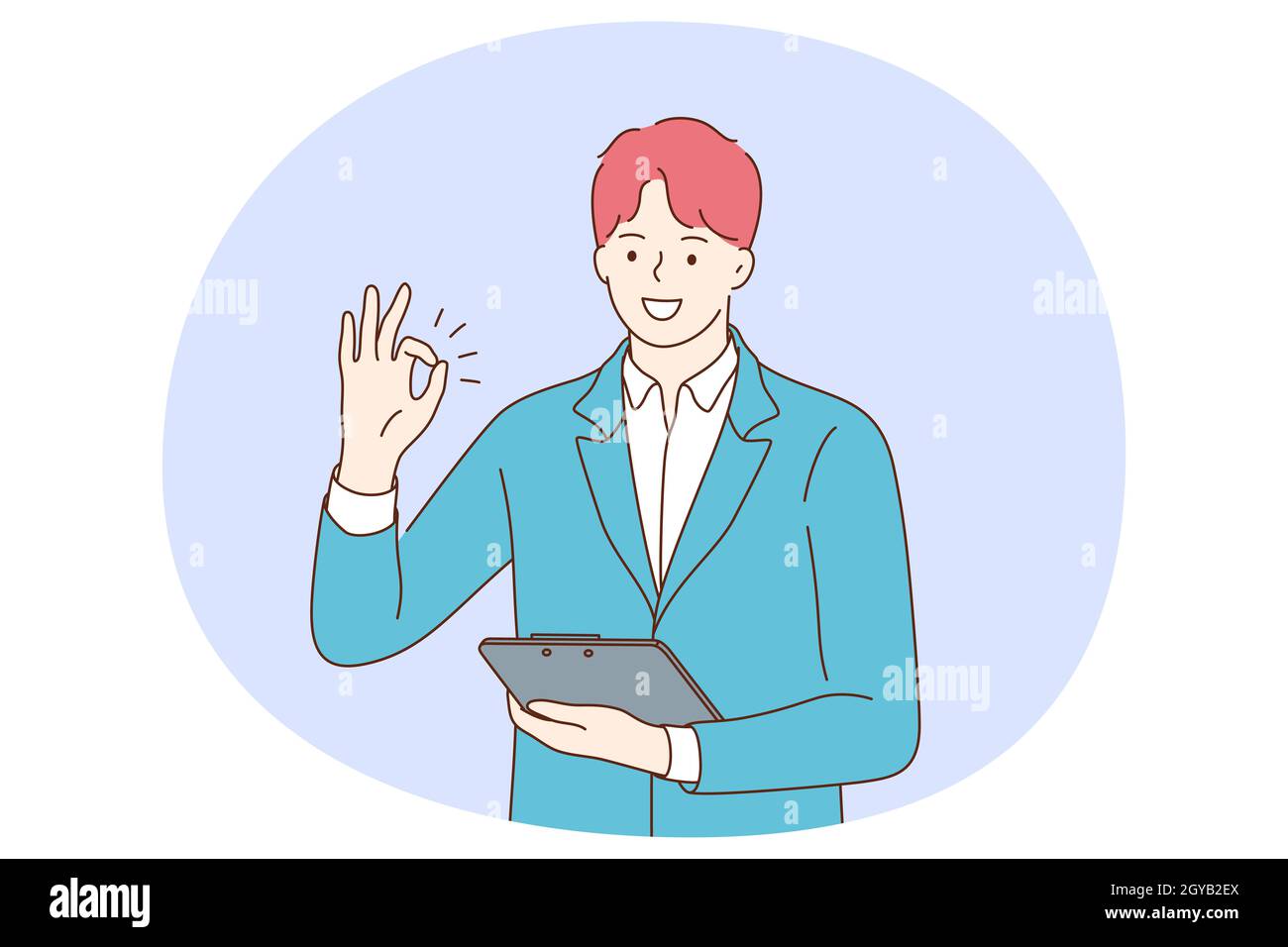 Positive emotions, ok sign and gesture language concept. Young positive  businessman cartoon character standing with tablet or documents in hand and  sh Stock Photo - Alamy