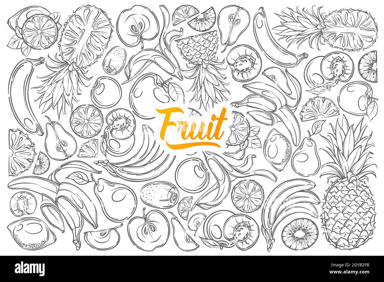 Hand drawn different fruits banana, pineapple, apple, pear etc. Kiwi