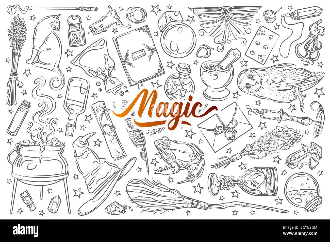 Hand drawn magic tools, concept of witchcraft. Broom and playing cards, hat and needle equipment doodle set background Stock Photo