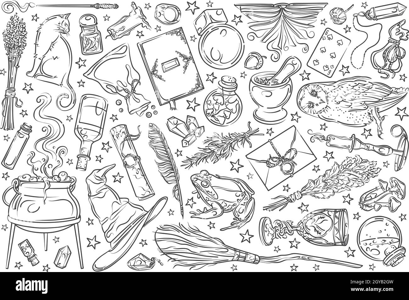 Hand drawn magic tools, concept of witchcraft. Broom and playing cards ...