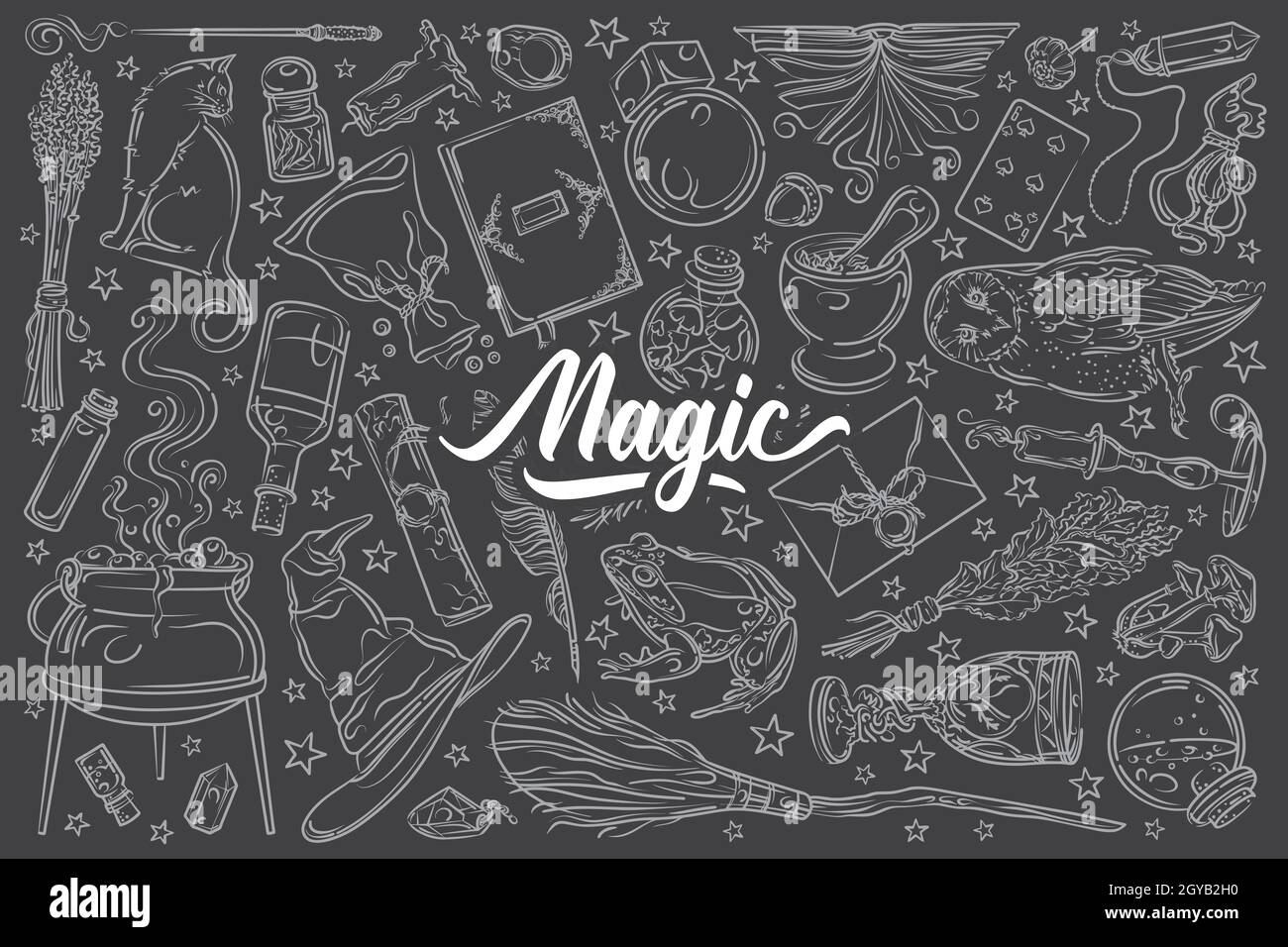 Hand drawn magic tools, concept of witchcraft. Broom and playing cards, hat and needle equipment doodle set background Stock Photo