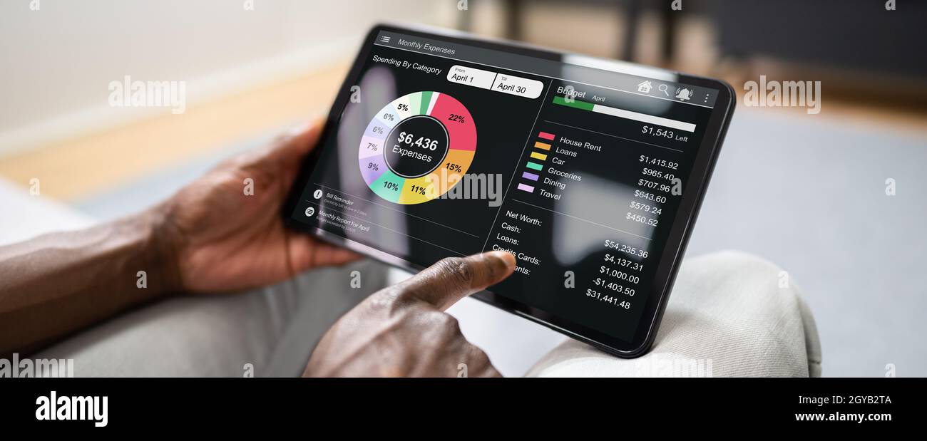 Budget And Expense Tracker App. African Using Organizer Stock Photo - Alamy