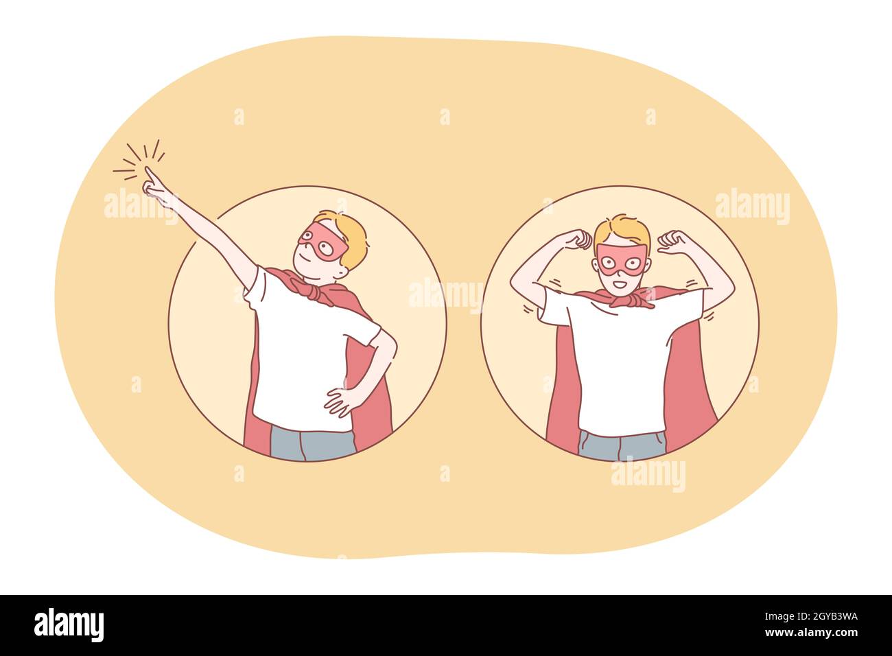 Superhero, superman, power concept. Young smiling boy child in red superman costume mantle and mask imagining superpower and leadership. Fantasy, imag Stock Photo