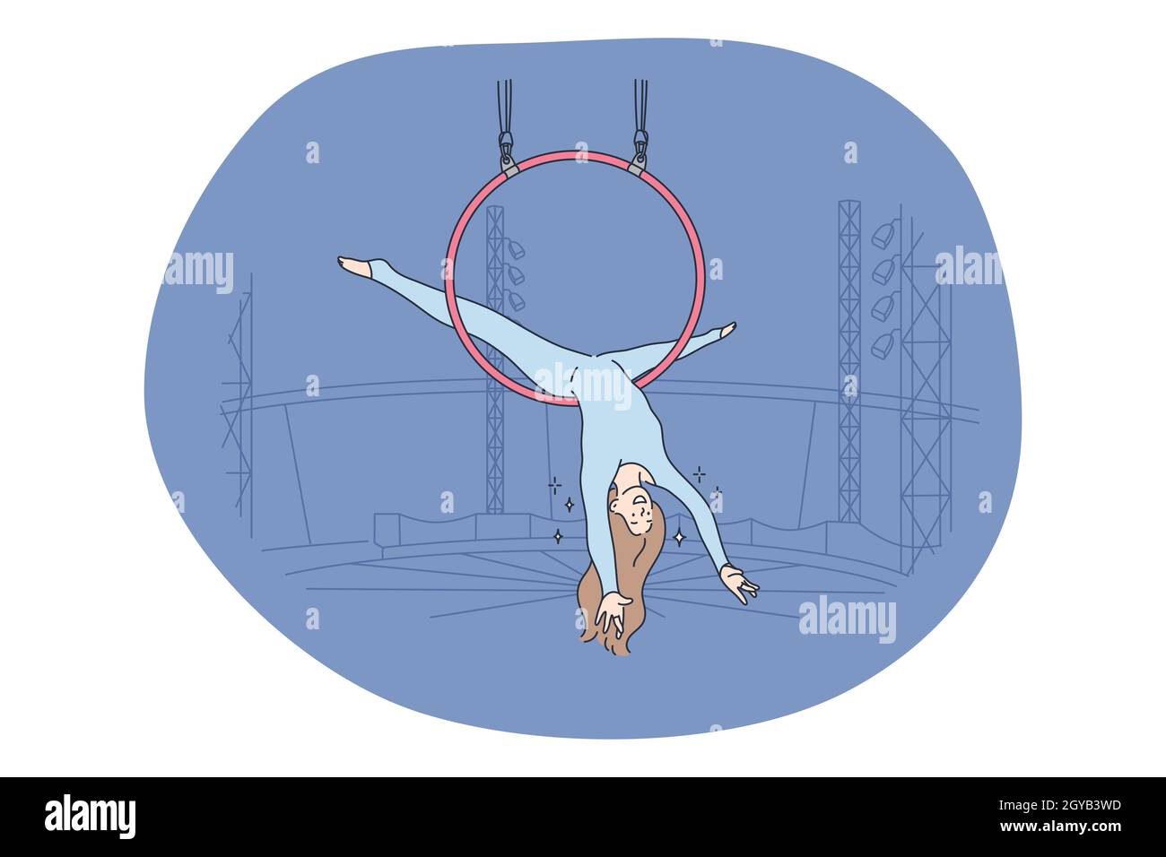 Circus, performance, entertainment concept. Young woman air gymnast cartoon characters making performance in hoop during circus show. Leisure, art, pe Stock Photo