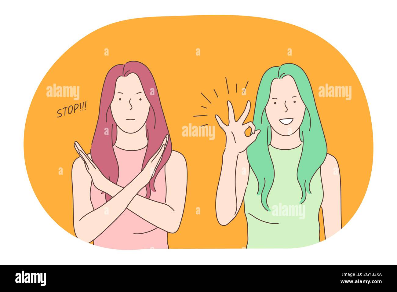 Sign language, gestures, hands communication concept. Young smiling girl cartoon character standing and expressing stop refusal and good ok signs with Stock Photo - Alamy Sign language, gestures, hands communication concept. Young smiling girl cartoon character standing and expressing stop refusal and good ok signs with Stock Photo - Alamy
