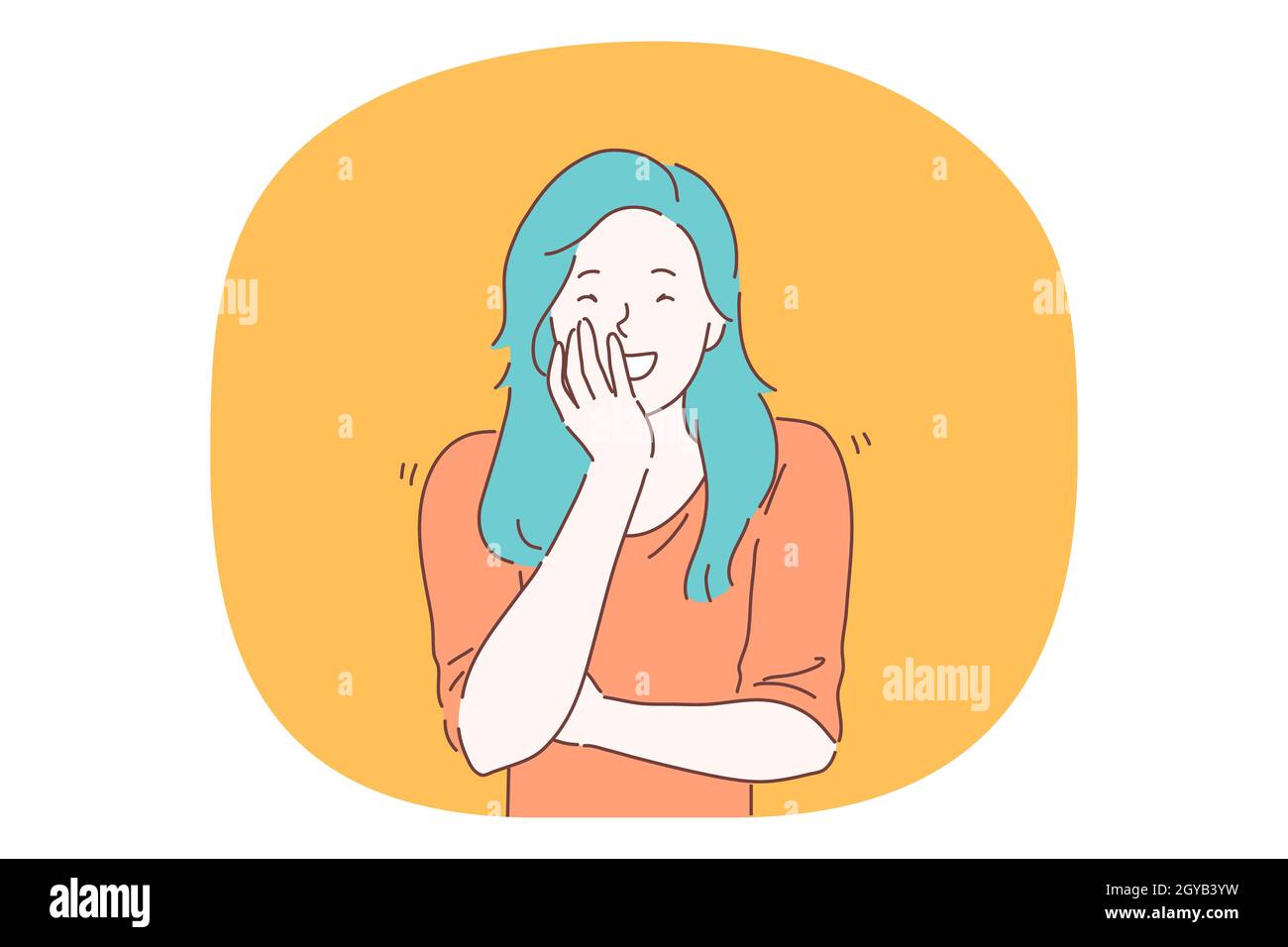 Happiness, laughing, smiling, positive emotions concept. Happy teen girl cartoon character with blue hair standing, covering open mouth with hand and Stock Photo