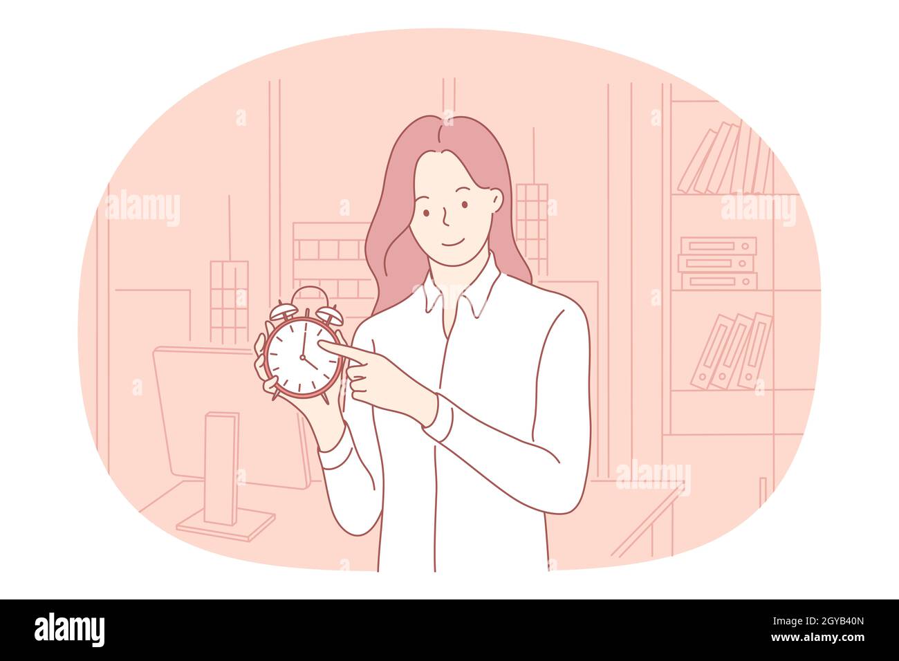 Time management, deadline, punctuality concept. Young smiling woman