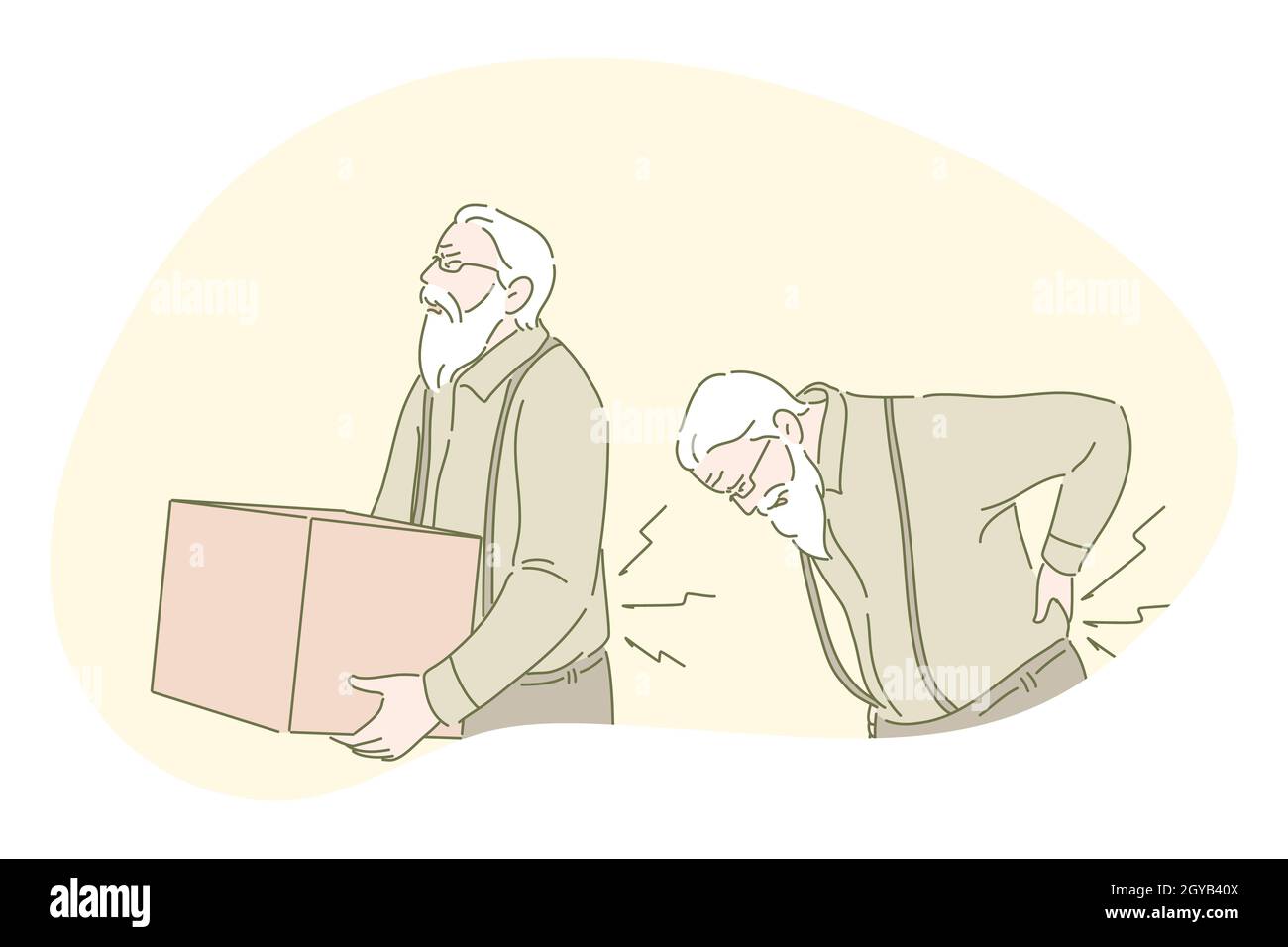 Back ache, back pain, rheumatism, osteoporosis concept. Senior mature man cartoon character carrying heavy box and suffering from strong back pain. He Stock Photo