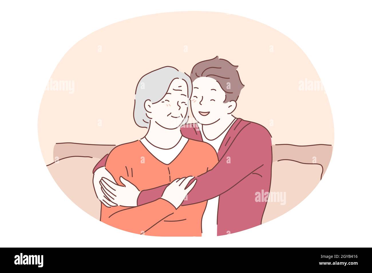 Grandmother and grandchild, happy family, generations concept. Happy smiling boy teen cartoon character sitting on sofa and embracing elderly senior w Stock Photo