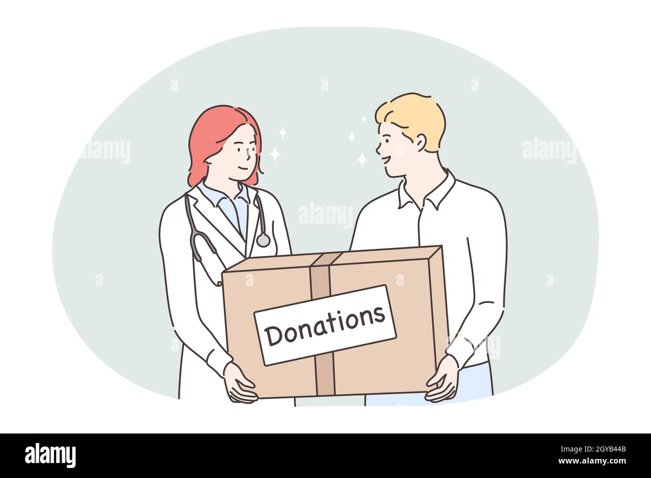 Donation, charity, humanitarian help concept. Young woman doctor and man volunteer cartoon characters standing and holding big box with donations in h Stock Photo