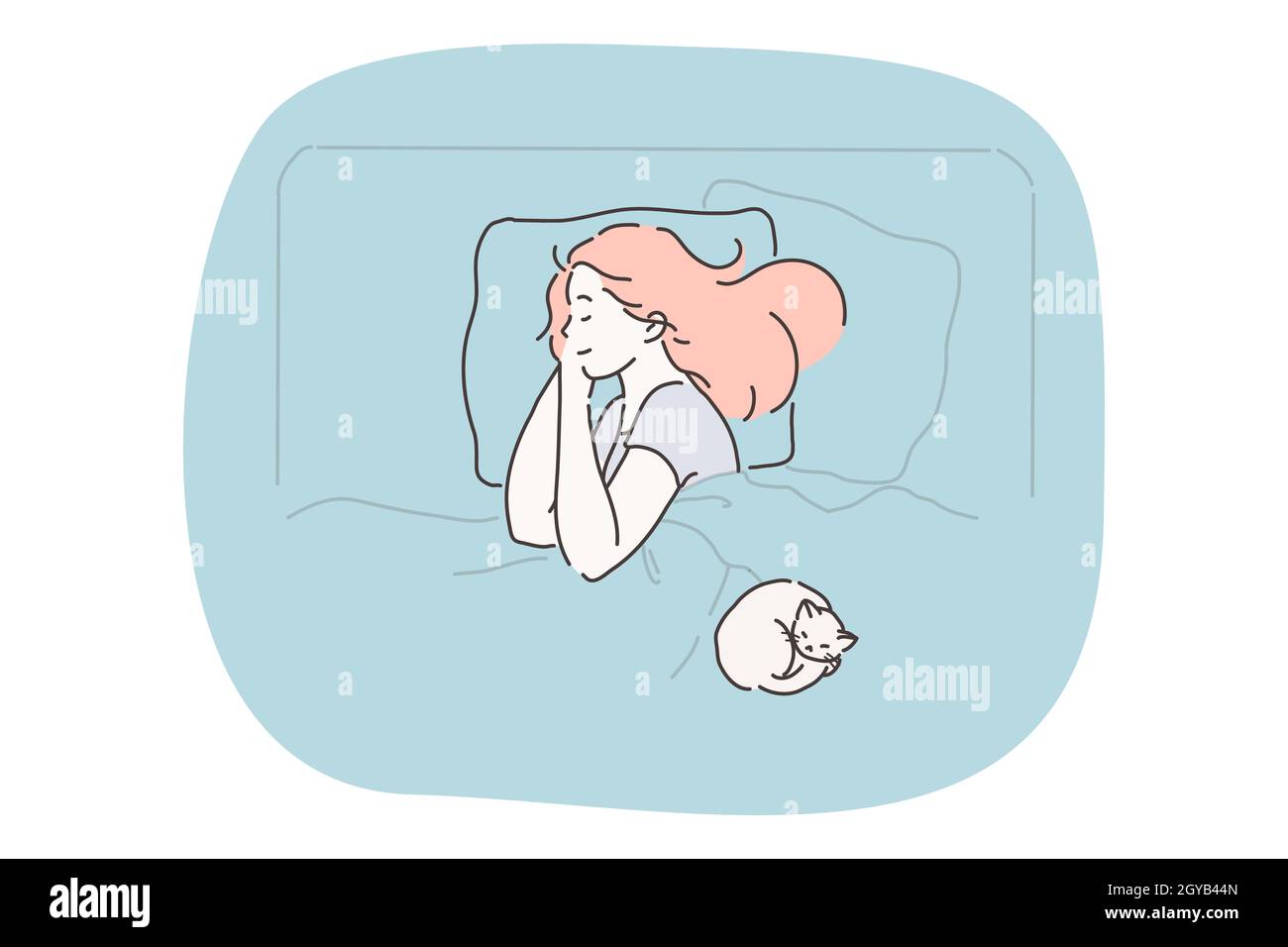 Sleeping, relaxation and comfortable rest concept. Young smiling woman cartoon character sleeping with white cat on pillow in bed under blanket at hom Stock Photo