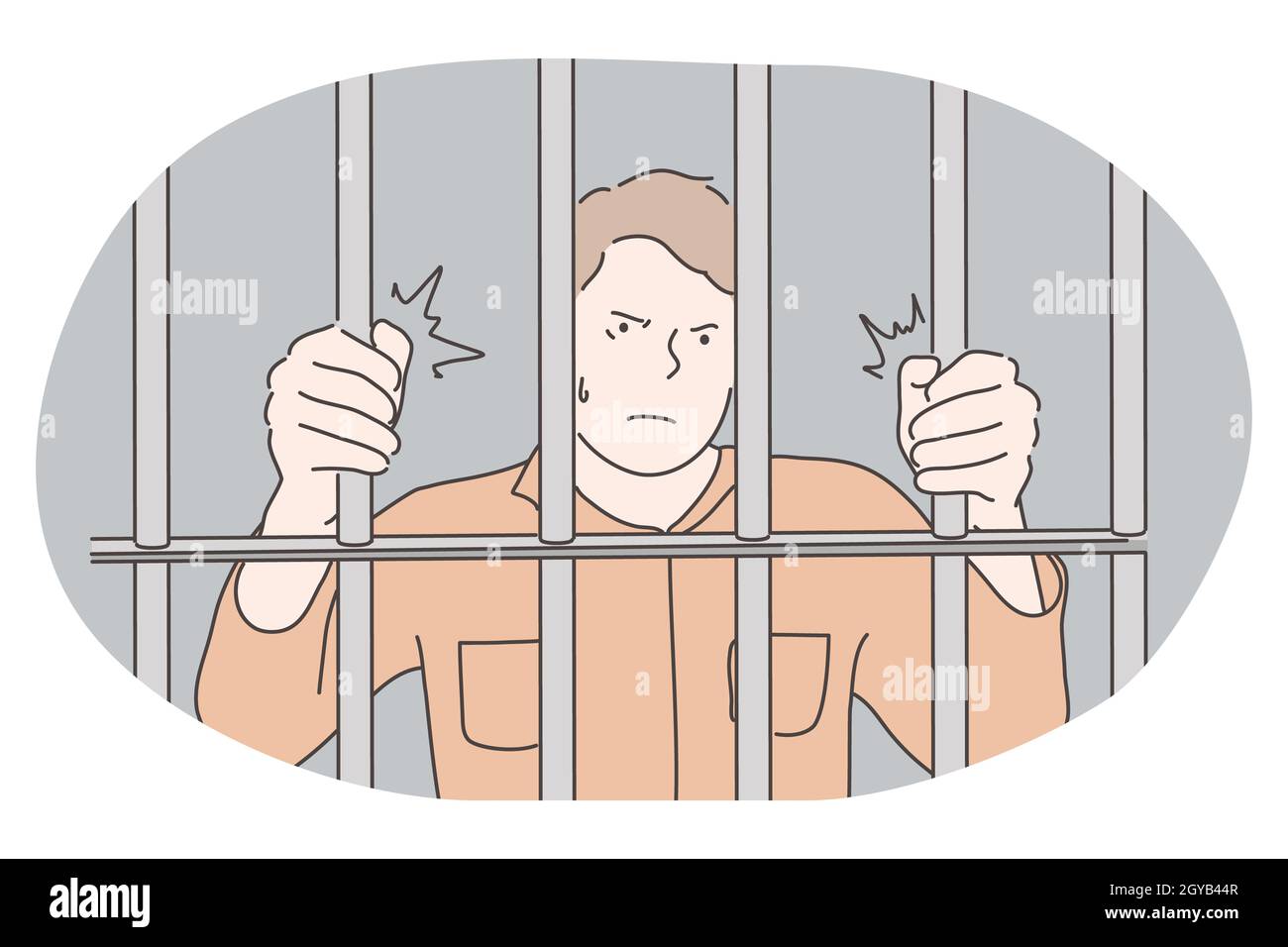 Jail, prison, cell, captivity, arrest, punishment, cage concept. Young angry unhappy man cartoon character standing in prison cell and trying to get o Stock Photo