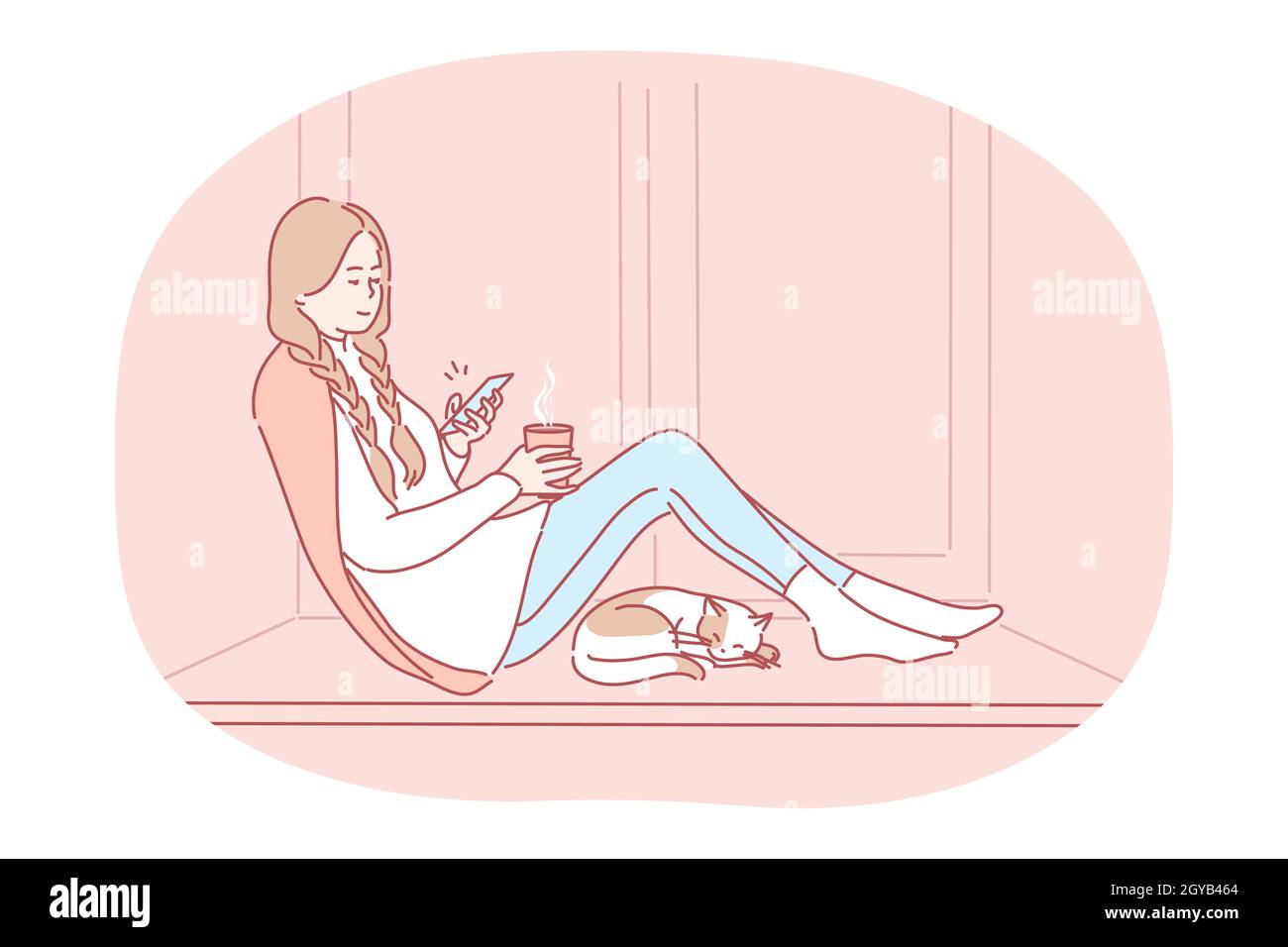 Comfortable relaxing at home with smartphone and hot drink. Young happy girl cartoon character sitting on windowsill with tea, chatting online on smar Stock Photo