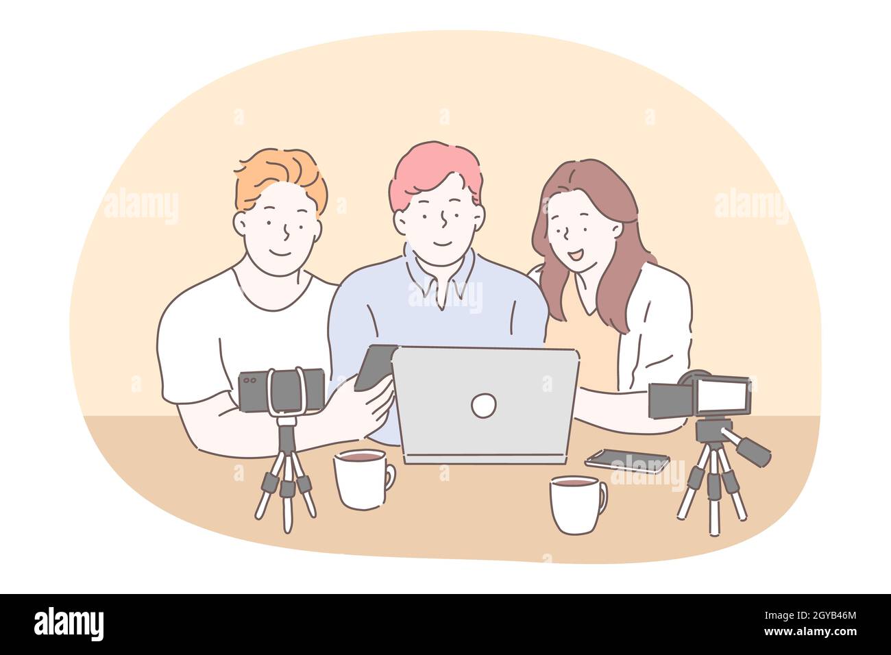 Blogging, vlogging, sharing video content online concept. Teen boys and girl cartoon characters sitting with smartphone cameras on tripods and laptop Stock Photo