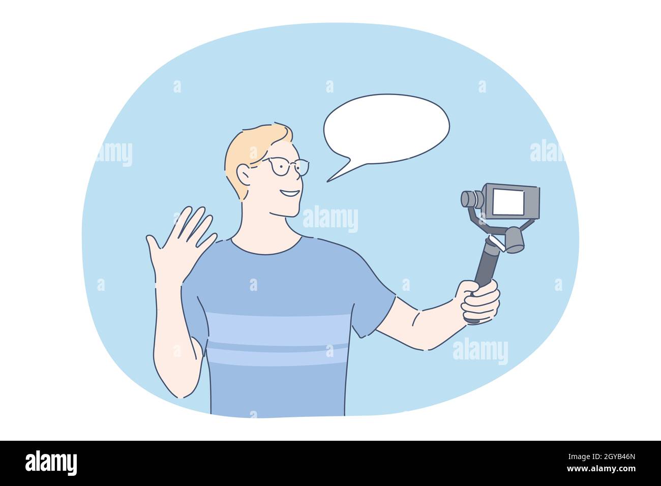 Blogging, blogging, sharing video content online concept. Teen boy cartoon character standing with smartphone camera on tripod and recording video for Stock Photo