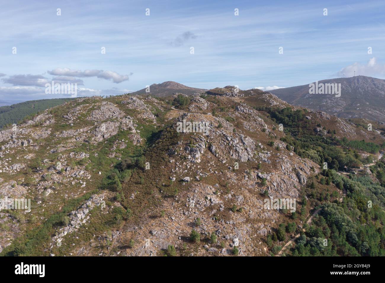 Vila Nova de Cerveira nature mountain landscape drone aerial view with Cervo viewpoint statue, in Portugal Stock Photo