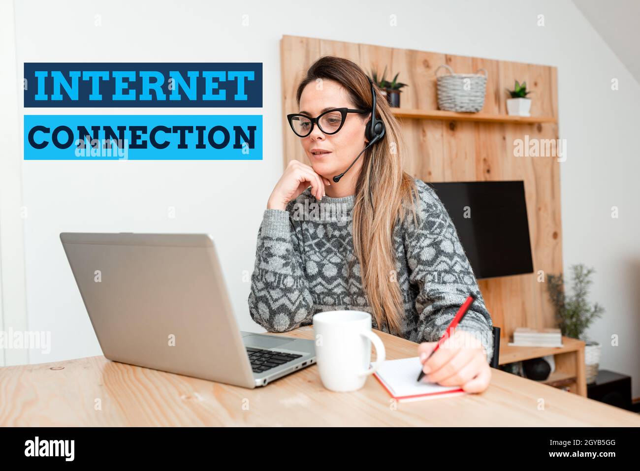 Conceptual display Internet Connection, Business idea The way one gains access or connection to the Internet Callcenter Agent Working From Home, Stude Stock Photo