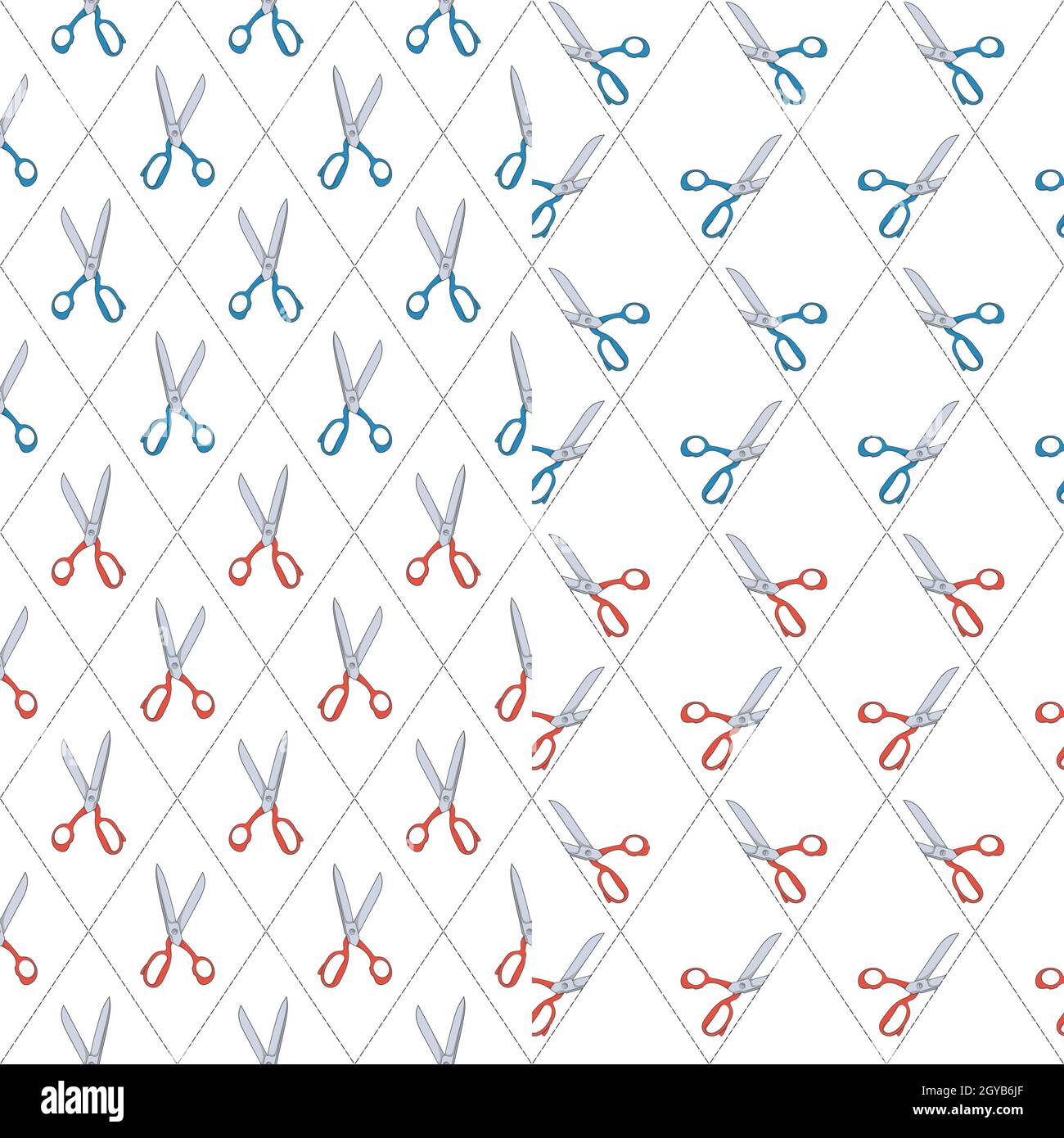 Set of colored patterns with scissors and cutting line. Four vector seamless background. Stock Vector