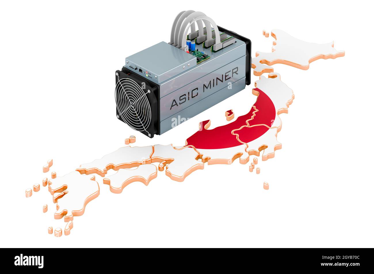 Mining in Japan, concept. ASIC miner with Japanese map. 3D rendering isolated on white background Stock Photo