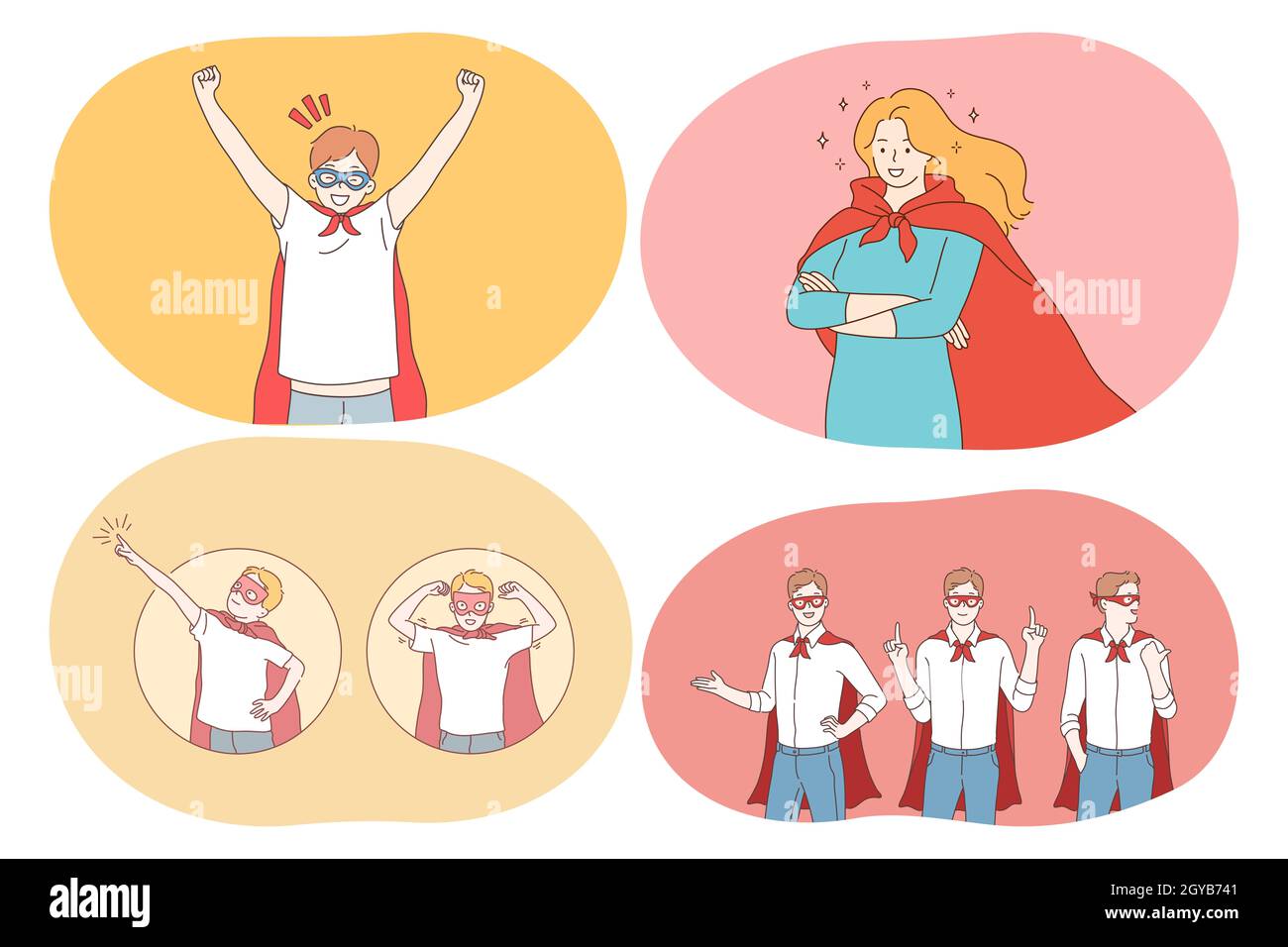 Superhero, superman, power, strength, confidence concept. Young positive people cartoon characters in superman costume mantle and mask imagining power Stock Photo