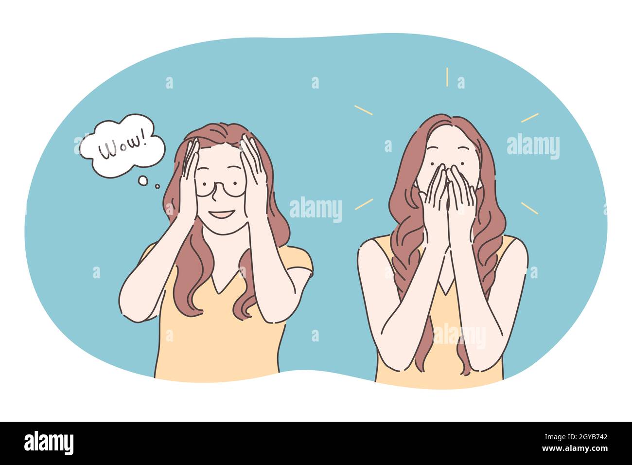 Surprise, positive shock, amazement, astonishment concept. Young girl cartoon character covering face and mouth with hands and expressing surprise and Stock Photo