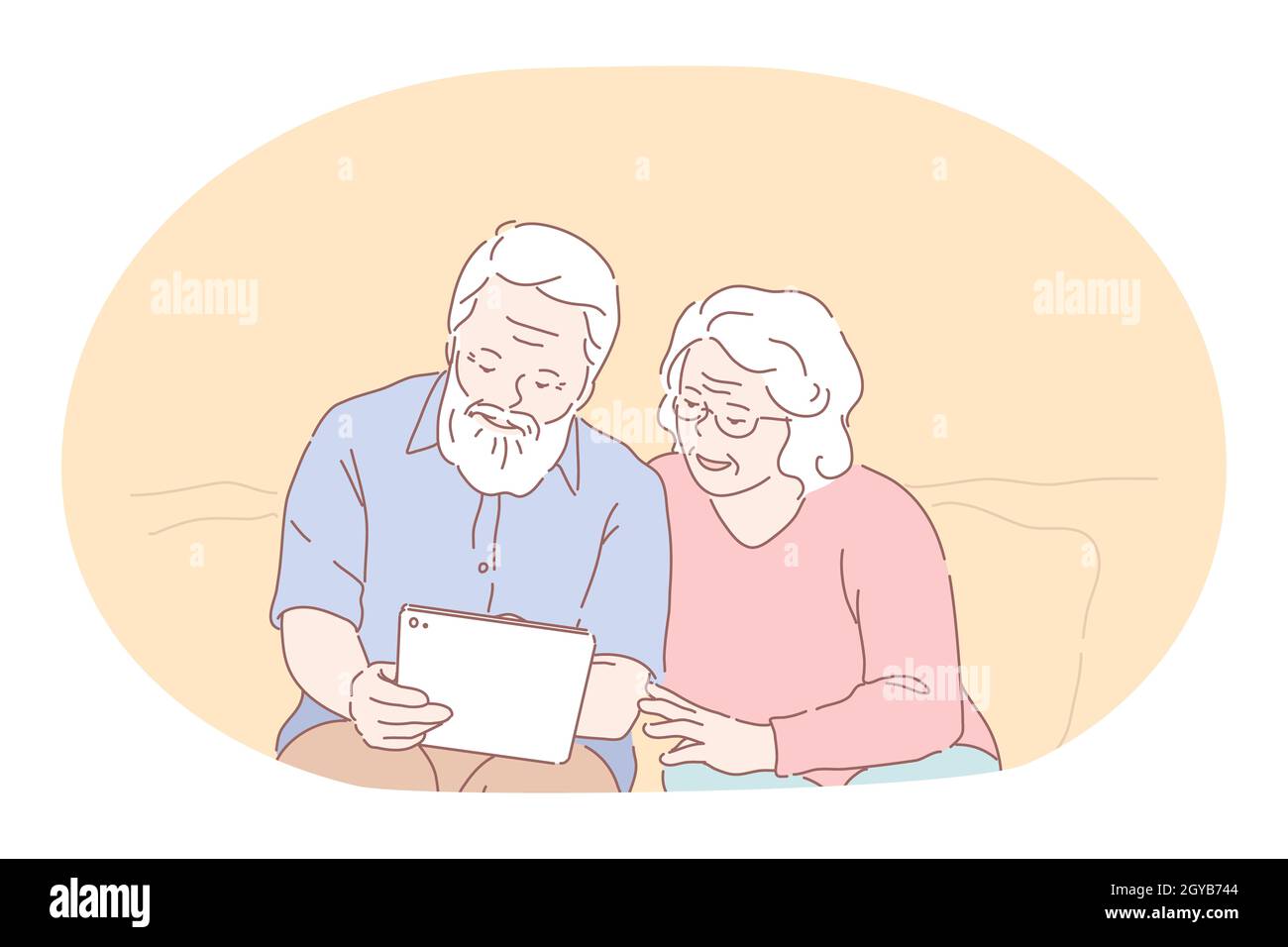 Senior elderly couple living happy active lifestyle concept. Mature aged couple grandparents cartoon characters sitting looking at photos in photo alb Stock Photo