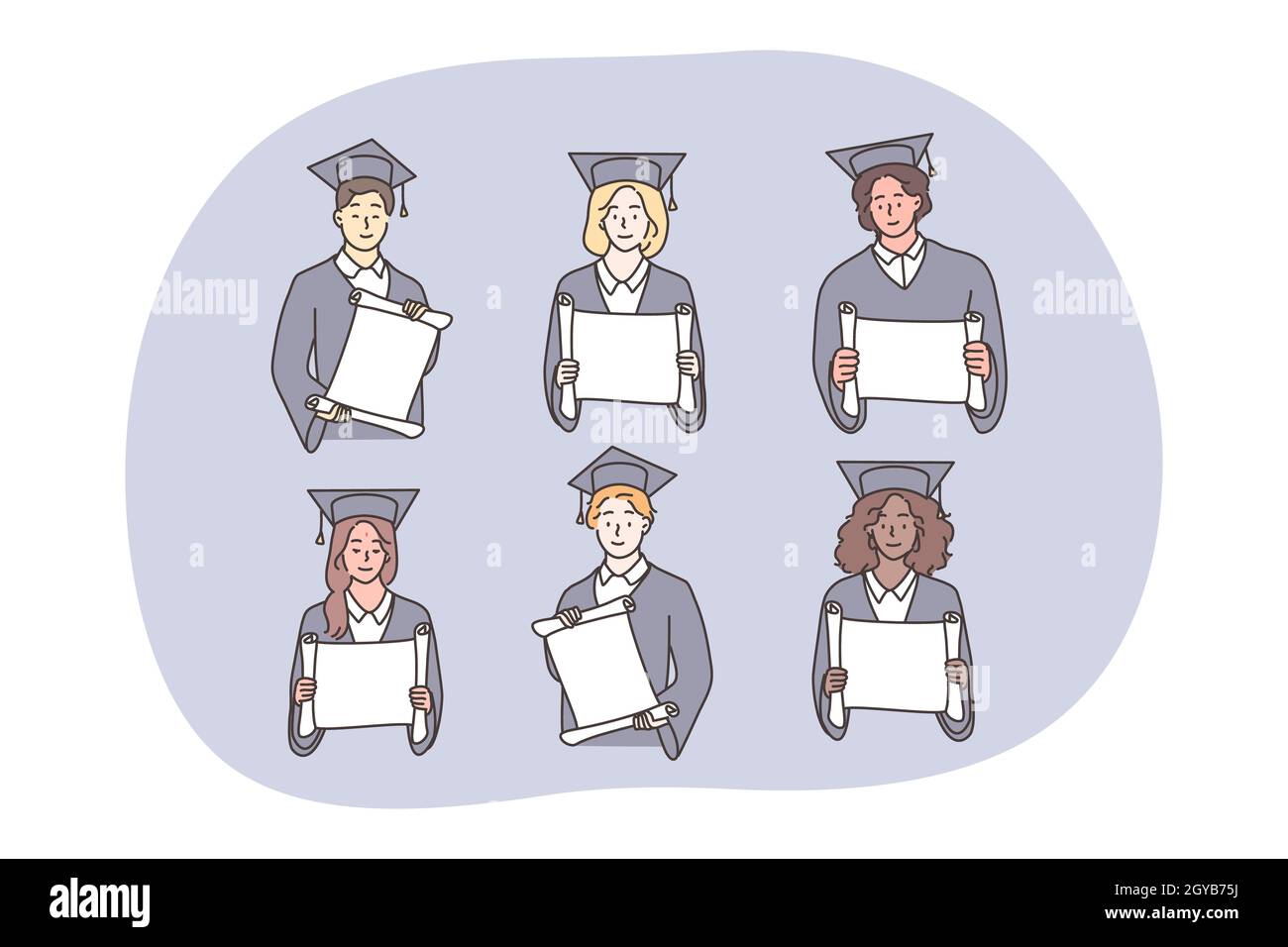 Studentship, graduation, diploma set concept. Multiethnic african american chinese boys girls students in academic caps gowns graduate from university Stock Photo