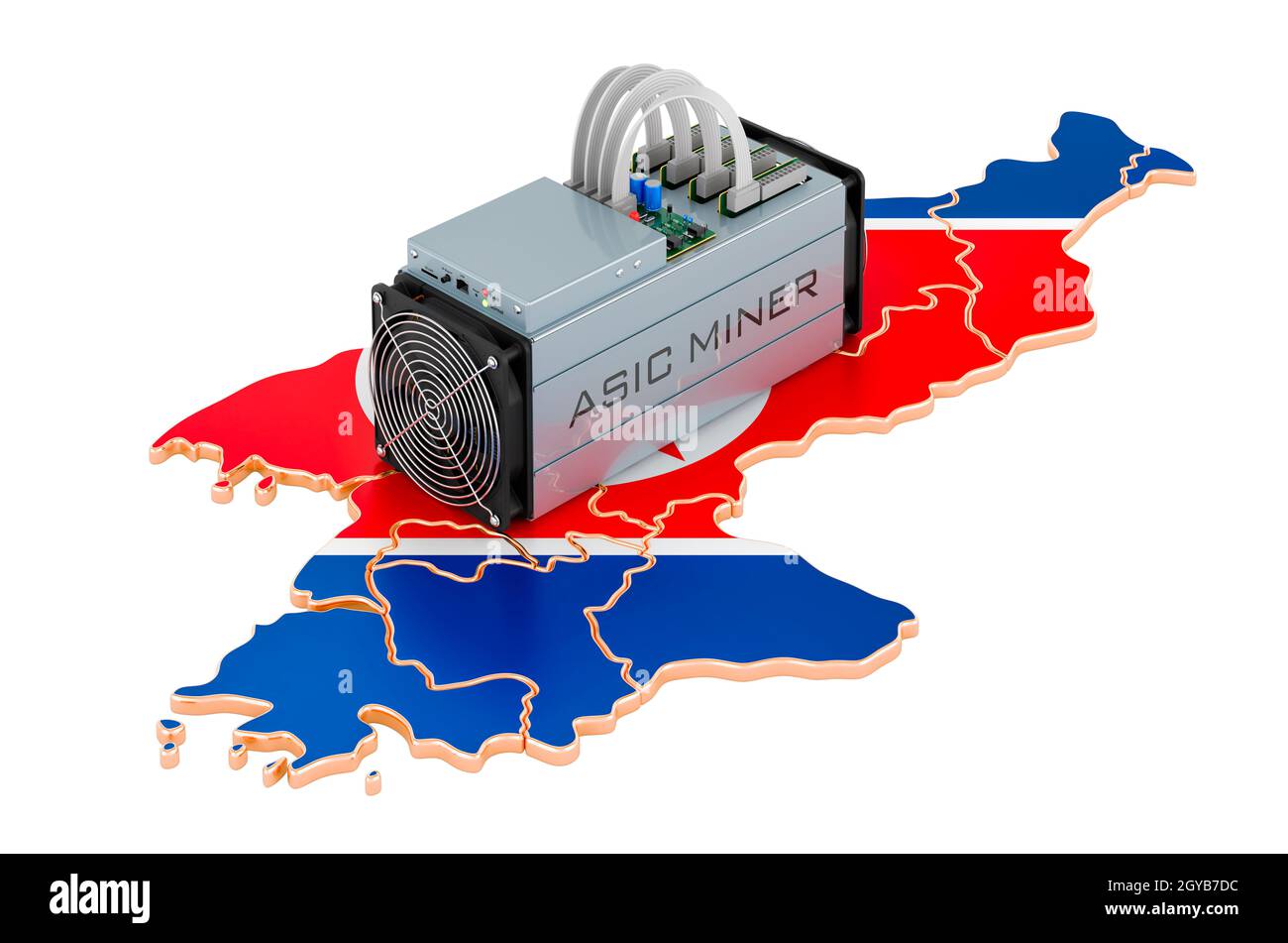 Mining in North Korea, concept. ASIC miner with North Korean map. 3D ...