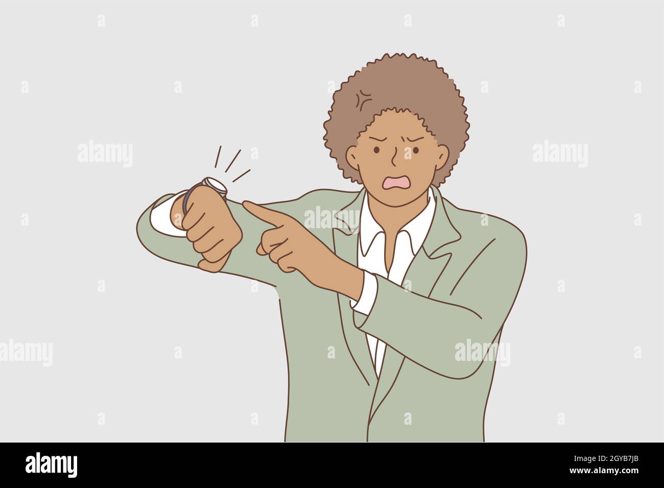 Business, face, expression, wait, emotion concept. Young worried unhappy african american businessman guy clerk manager hurry and pointing to watch ti Stock Photo