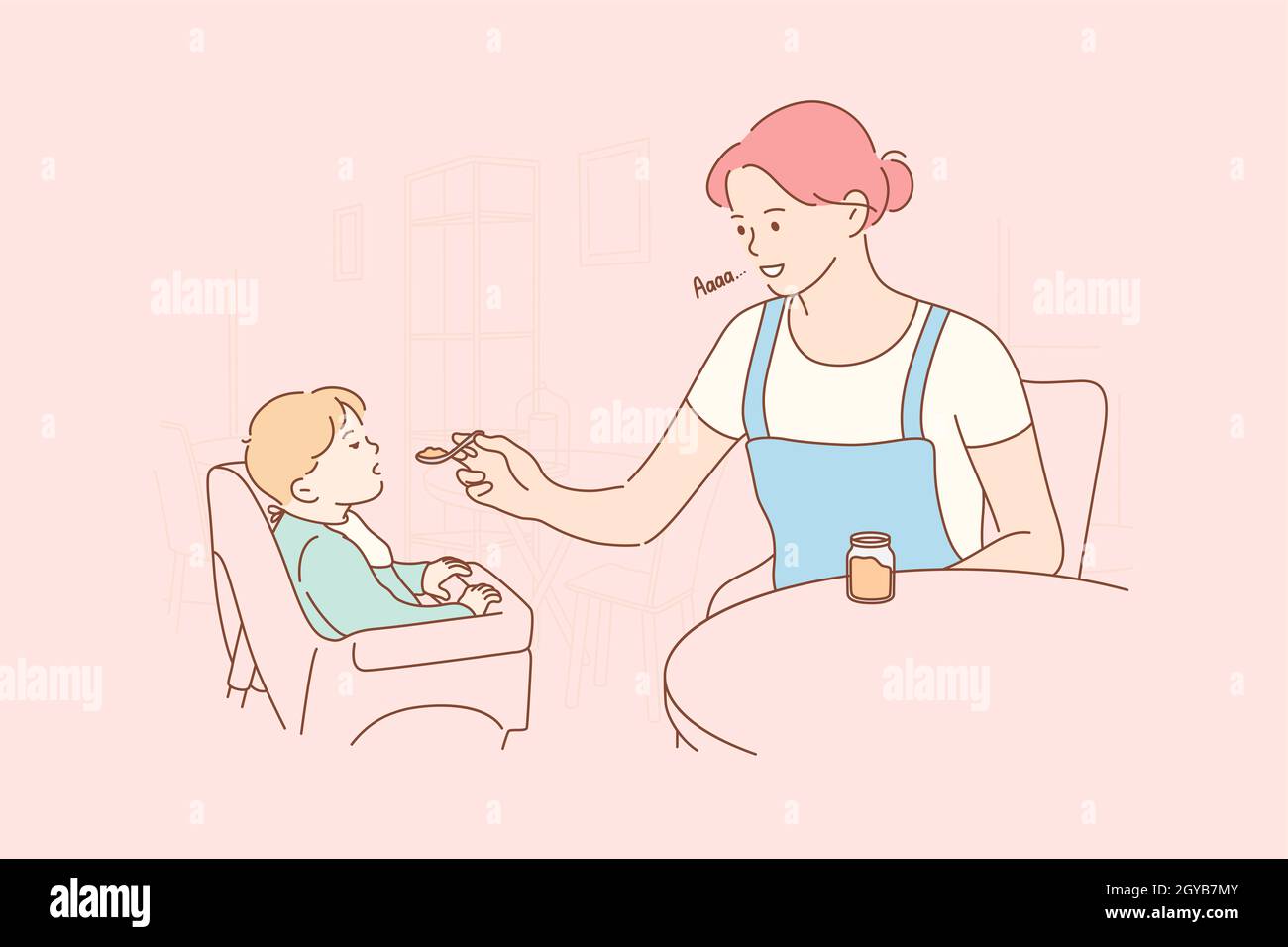 Motherhood, childhood, food, family concept. Young woman mom cartoon character feeding child kid son baby with special childish nutrition. Breakfast d Stock Photo