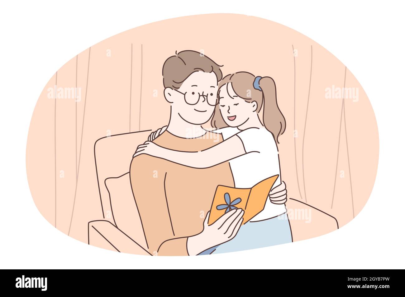 Family care, fatherhood, fathers day concept. Man father daddy coach parent sitting with daughter on knees and reading book together at home. Fathers Stock Photo
