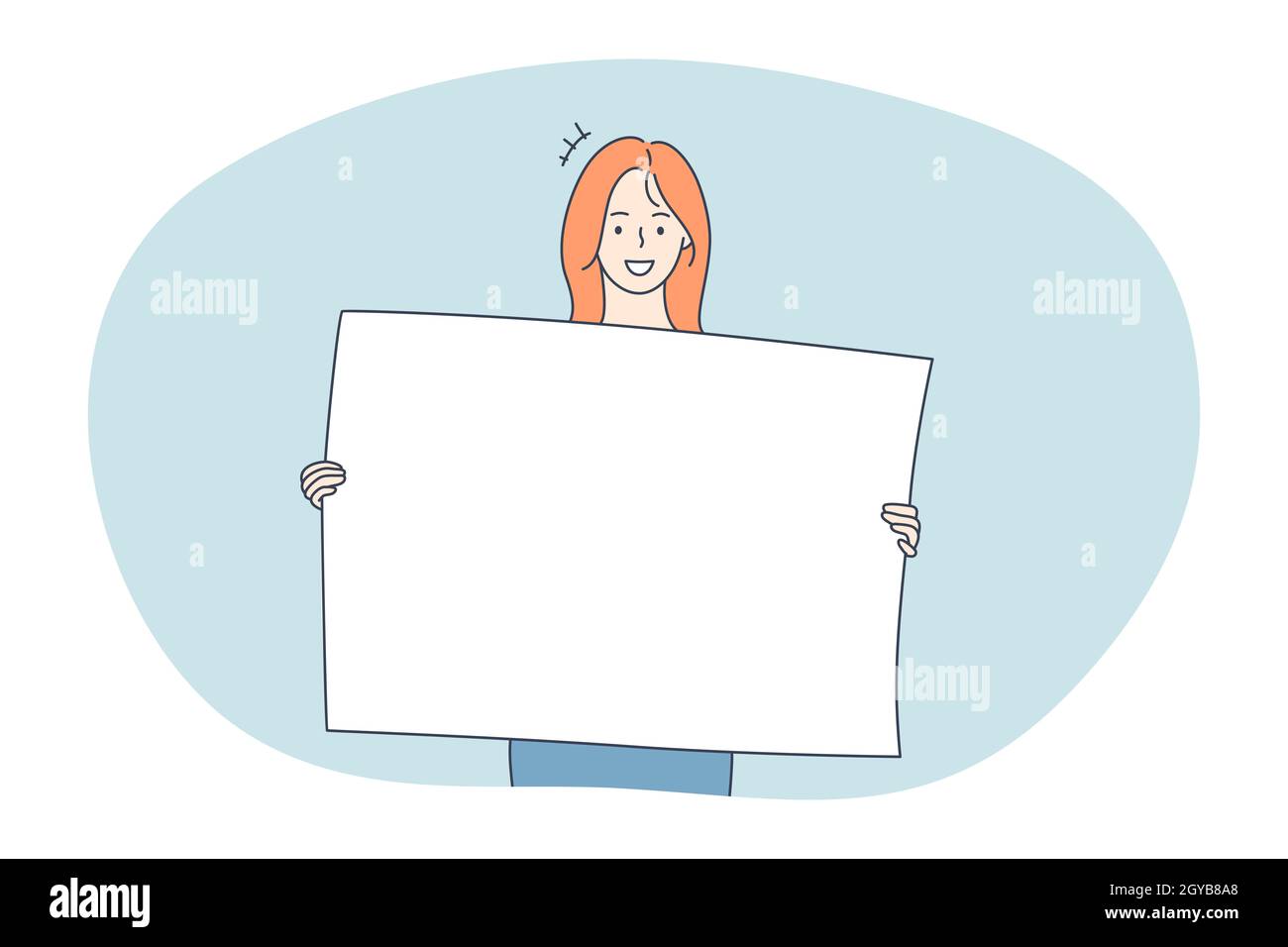 Demonstration, promotion, advertisement concept. Young positive woman cartoon characters holding white blank placard with copy space mockup for text a Stock Photo