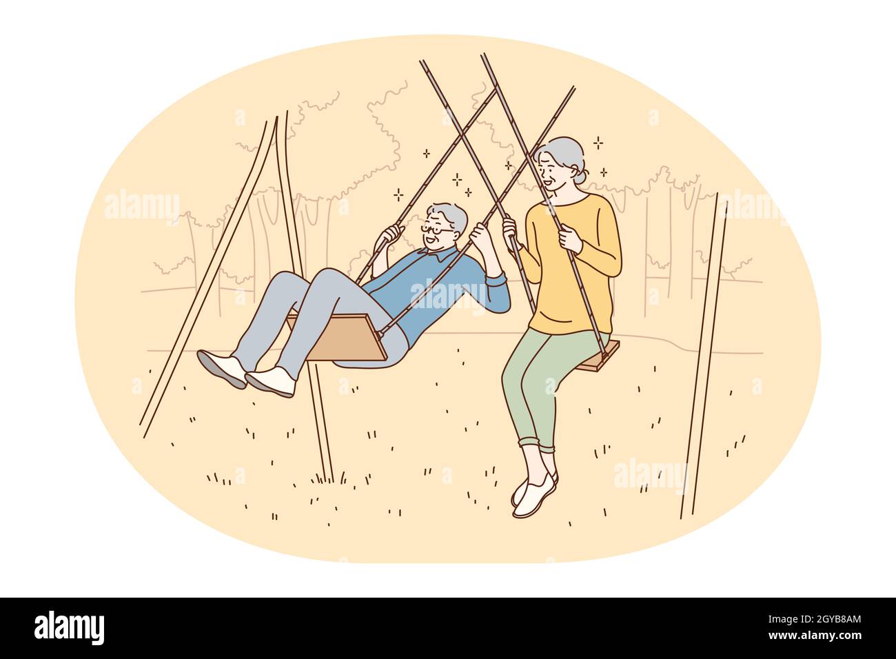Senior elderly couple living happy active lifestyle concept. Happy mature loving couple pensioners woman and man riding on swing and having fun like c Stock Photo