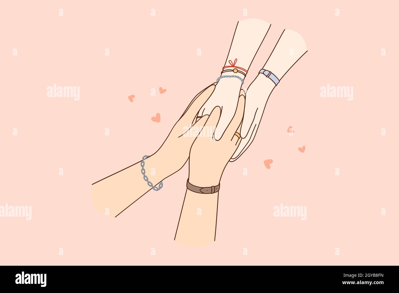 Togetherness, care, holding hands concept. Hands of loving caring people couple one in another meaning mutual love, tenderness and support illustratio Stock Photo