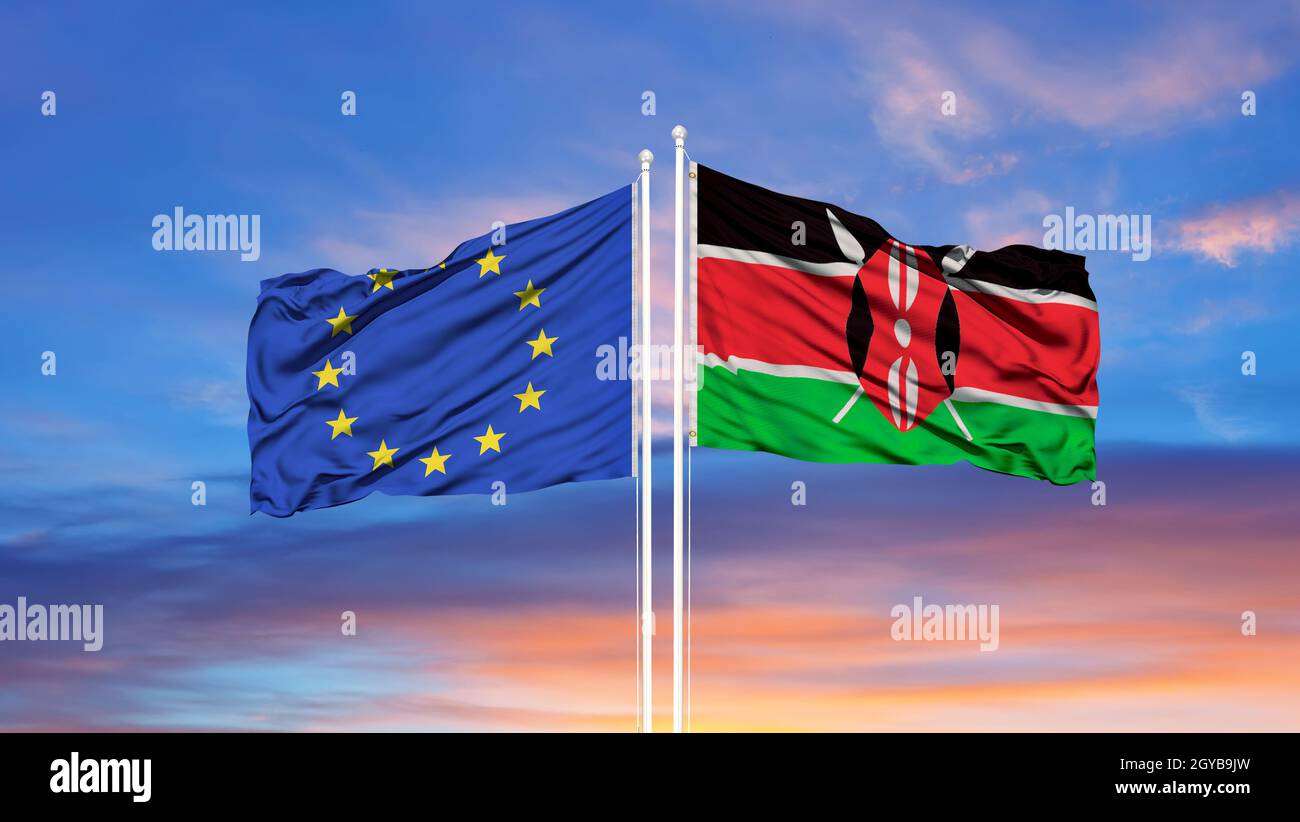 European Union and Kenya two flags on flagpoles and blue cloudy sky Stock Photo