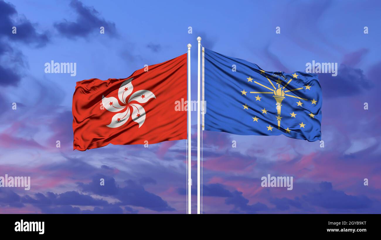 Hong Kong and Indiana flags on a flagpole. with sky background Stock Photo