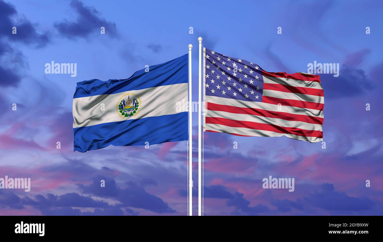 Waving American flag and flag of El Salvador. Stock Photo
